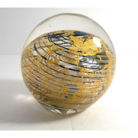 Handcrafted Glass Art Sphere With Gold Leaf & Swirling Black Pattern 4" Diameter - Picture 1 of 6